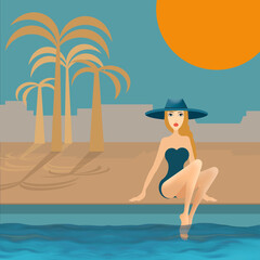 Obraz na płótnie Canvas woman in a swimsuit, sitting next to a swimming pool, she has a hat, palm tree and sun, relaxing on vacation