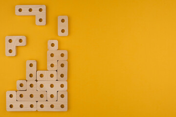Children's wooden toy sorter close up with copy space. Concept of educational games and tetris. Copy space