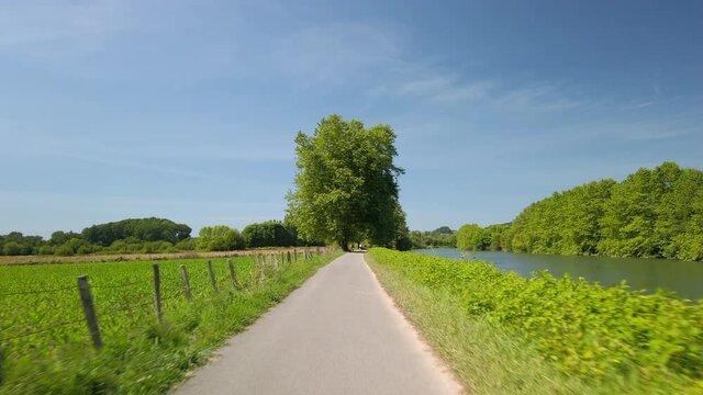 POV cycling on countryside road along the Nive River in France, summer season