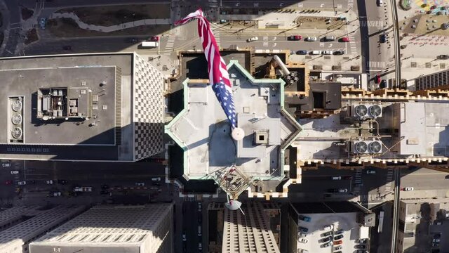 Incedible Straight Down Aerial Rooftops Flag Downtown 