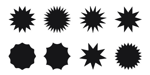 Set of vector starburst, sunburst badges. Black icons on white background. Simple flat style vintage labels, stickers. EPS 10