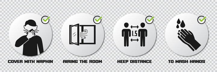 Preventive measures icons for not getting sick and not spreading virus. Cover by napkin, airing the room, keep distance and wash hands