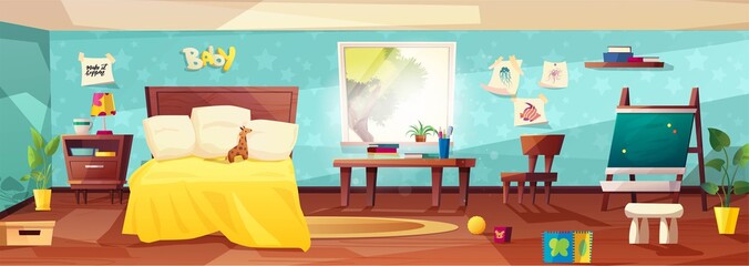 Kids room cute cozy interior with furniture, bed, plant in a spot, sunlight from window and toys for kids. Nursery for kids, little children. Flat style design.	