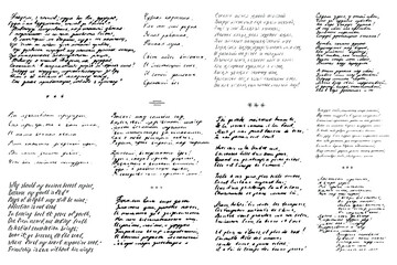 Abstract vintage background of illegible ink-written poetry isolated on a white background. Set of 11 hand-written poems. Vector illustration
