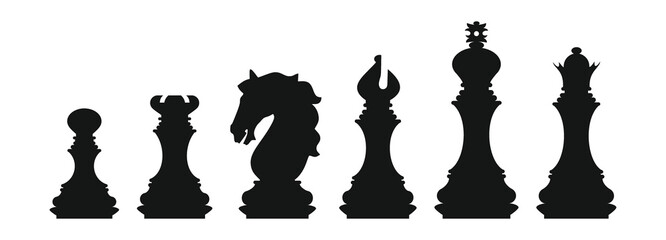 Silhouettes of chess pieces. Chessboard. Black and white. Chess icons. Vector chess isolated on white background. Playing chess on the Board. King, Queen, rook, knight, Bishop, pawn