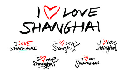 Handmade lettering for I love Shanghai in handwriting black color and red heart - in. multiple versions.