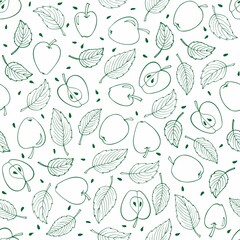 Linear Apples and leaves background. Apple orchard Monochrome Seamless pattern. Hand drawn digital paper. Doodle sketch. For wallpaper, fabric, packing, wrapping, scrapbooking