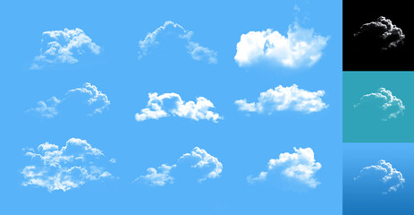 Isolated set of clouds. Fluffy white clouds isolated - can be placed on different background - solid or gradients. Real collection for any project. Design elements. Easy to use.