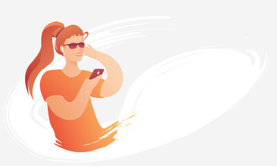 Young bright girl in sunglasses listens to music for workout. Invitation to the sports section, light gray background with movement. Energetic people after playing sports.