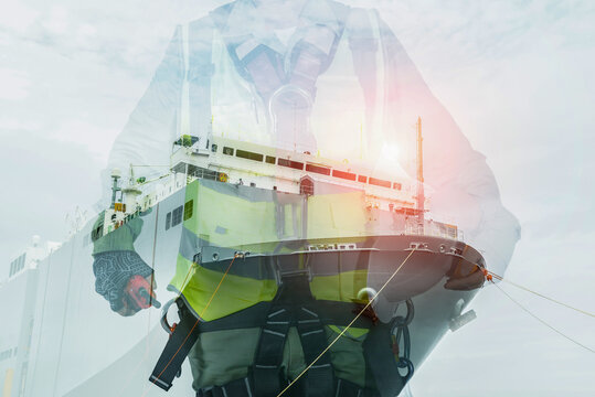 The double exposure image of engineers standing wearing safety full harness in front of a large industrial port, the concept of transportation engineering, shipyards, business and transportation.