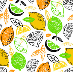 Hand drawn doodle lemonade pattern background - citrus lemon lime orange. Lemonade pattern background fabric.