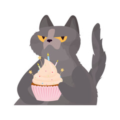 Funny cat holds a festive cupcake. Sweets with cream, muffin, festive dessert, confectionery. Good for cards, t-shirts and stickers. Flat style. Vector.