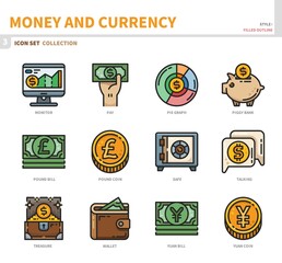 money and currency icon set,filled outline style,vector and illustration