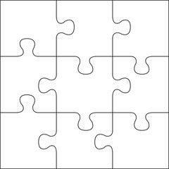 Puzzles grid template. Jigsaw puzzle 9 pieces, thinking game and 3x3 jigsaws detail frame design. Business assemble metaphor or puzzles game challenge vector illustration