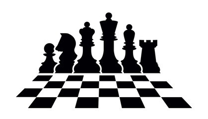 Silhouettes of chess pieces. Chessboard. Black and white. Chess icons. Vector chess isolated on white background. Playing chess on the Board. King, Queen, rook, knight, Bishop, pawn