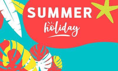 Fototapeta na wymiar Summer holiday with typography background beautiful on the leaf tropical. banner for vector illustration, flyer, and invitation, brochure design