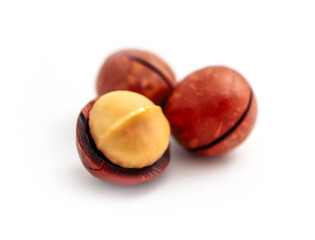 Macadamia nut with a cut on a shell, isolated on white background.