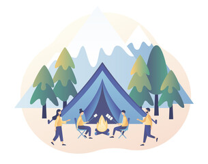 Tiny people in summer camp with tent, campfire, mountains and forest. Camping concept. Nature tourism. Modern flat cartoon style. Vector illustration on white background