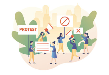 Protest and social activity concept. Tiny people protesters, holding banners, placards and megaphones. Parade, political meeting or rally. Modern flat cartoon style. Vector illustration 