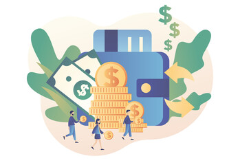 Cash back concept. Tiny people refund money. Reward program, transfer money, online banking, online shopping, money growth. Modern flat cartoon style. Vector illustration on white background