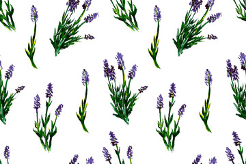 Fototapeta na wymiar Watercolor illustration of lavender flowers. Seamless pattern with hand drawn wildflowers. Floral element for fresh summer design.