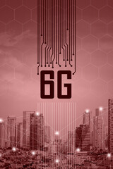 6G technology. Conceptual abstraction. Modern city and communication 6g network, smart city. Red tone city scape and network connection concept.