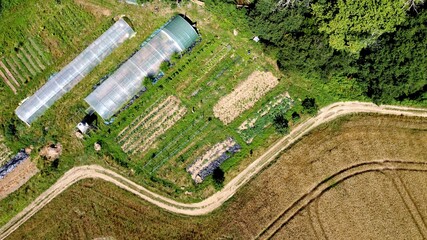 Agriculture vue drone aérienne aérien - maraichage permaculture serre