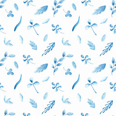 Obraz na płótnie Canvas Seamless watercolor pattern with blue poppies and leaves