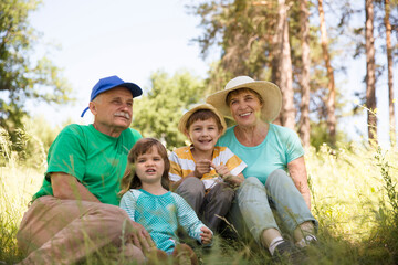 Grandparents with two grandchildren
 in summer outdoors. Concept of friendly family. Staycations, hyper-local travel,  family outing, getaway, 