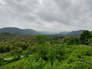 Fototapeta na wymiar Tremendous green valley view with foggy mountains in the background in monsoon season at Central India
