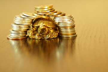 Metal turtle with coins on a gold background. The coins are arranged in the form of a turtle house.