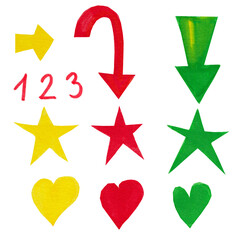 Hand drawn illustration arrows, hearts and stars on white background.