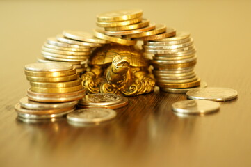 Metal turtle with coins on a gold background. The coins are arranged in the form of a turtle house.