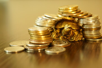 Metal turtle with coins on a gold background. The coins are arranged in the form of a turtle house.