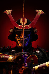 Portrait of a samurai in red armor on guard © Warpedgalerie
