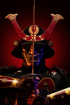 Portrait of a samurai in red armor on guard