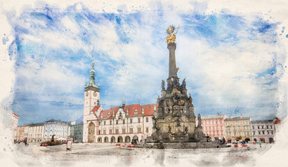 Fototapeta na wymiar Panorama of Olomouc, Czech Republic. Watercolor style illustration