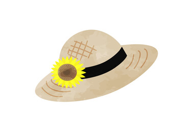 ひまわりの花のついた麦わら帽子　水彩風