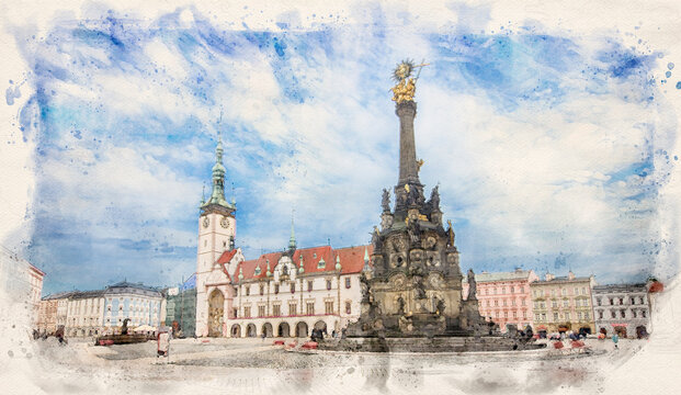 Panorama of Olomouc, Czech Republic. Watercolor style illustration