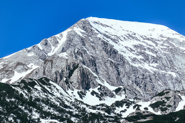 Bulgaria, Pirin range, Vihren mountain, hiking peak point, blue sky background.