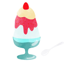 イチゴののったエスプーマかき氷のイラスト　水彩風