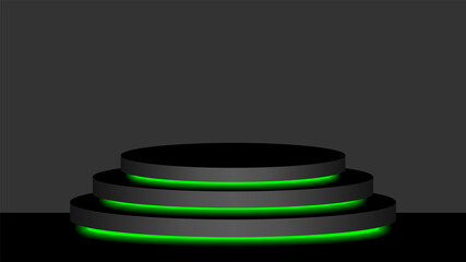 circle pedestal 3d black and green light neon lamp glowing, cosmetics display modern and led light, podium stage show for position decor green fluorescent glow light, pedestal box for product place
