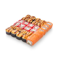 Japanese cuisine. Seafood, vegetables and meat. Sushi and rolls big set isolation on a white background