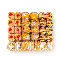 Japanese cuisine. Seafood, vegetables and meat. Sushi and rolls big set isolation on a white background