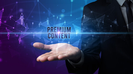 Elegant hand holding PREMIUM CONTENT inscription, social networking concept