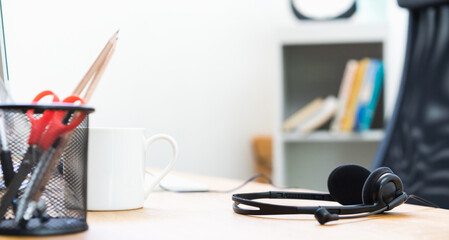 Headset, Headphone on the desk call centre customer service office.