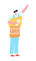 Vector flat illustration young man who is dressed in coffee Cup suit. He gives out leaflets and calls for shares.Concept promoter, advertising, promotions, discounts. It can be used in web design and 