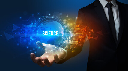Elegant hand holding SCIENCE inscription, digital technology concept