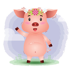 cute little pig with flower in the children's style. cute cartoon little pig vector illustration