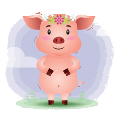 Obraz na płótnie Canvas cute little pig with flower in the children's style. cute cartoon little pig vector illustration